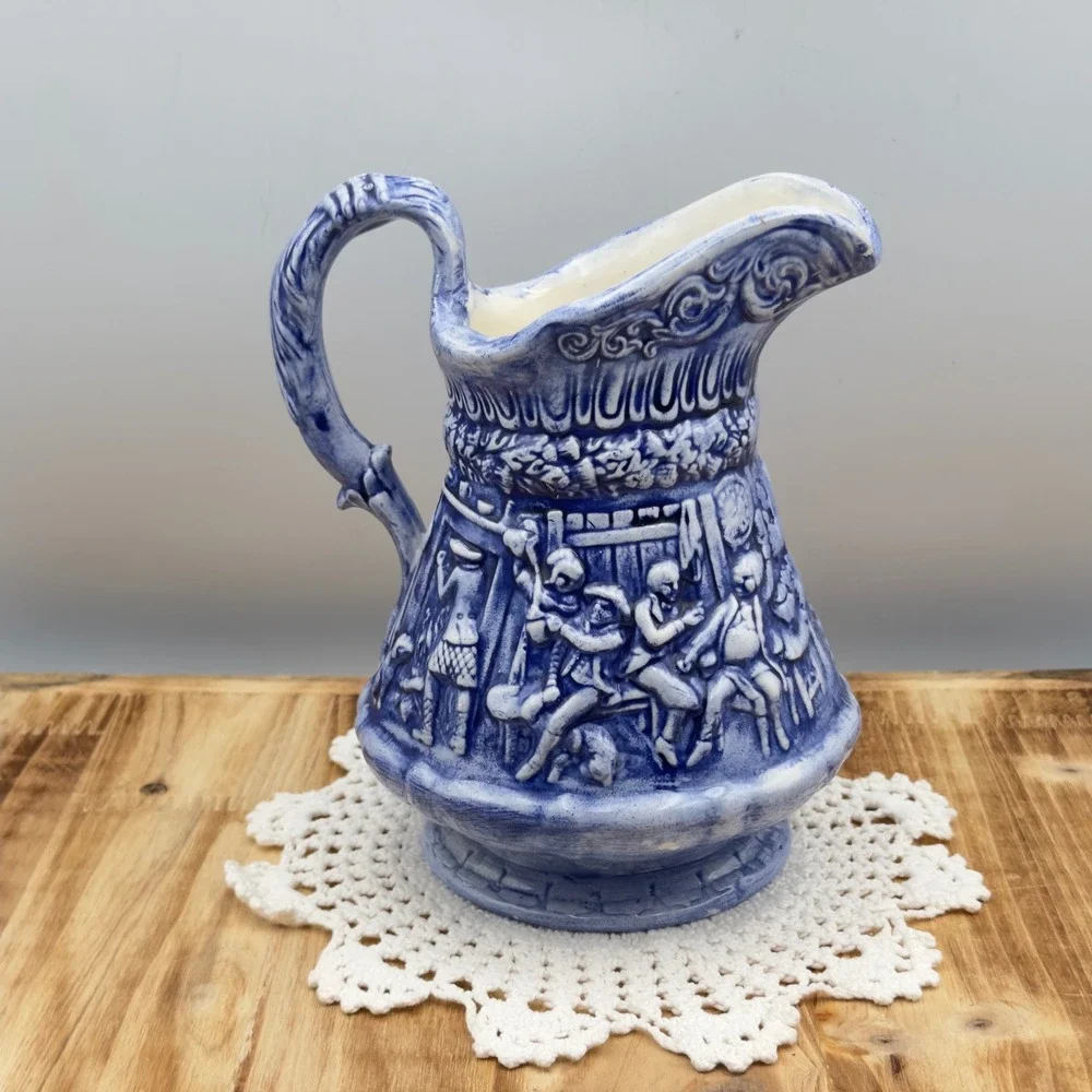 Vintage Blue and White Ceramic Relief Pitcher Tavern Scene Farmhouse Decor